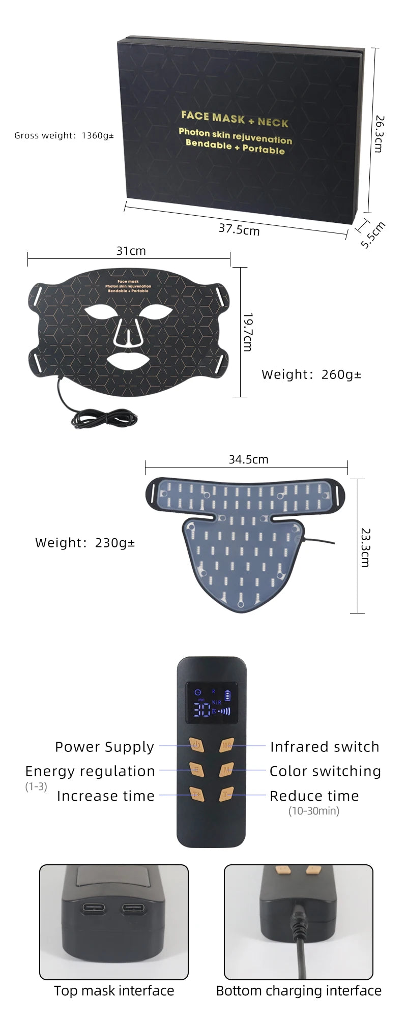 Máscara facial LED de silicona con cuello y 4 modos de luz para uso doméstico