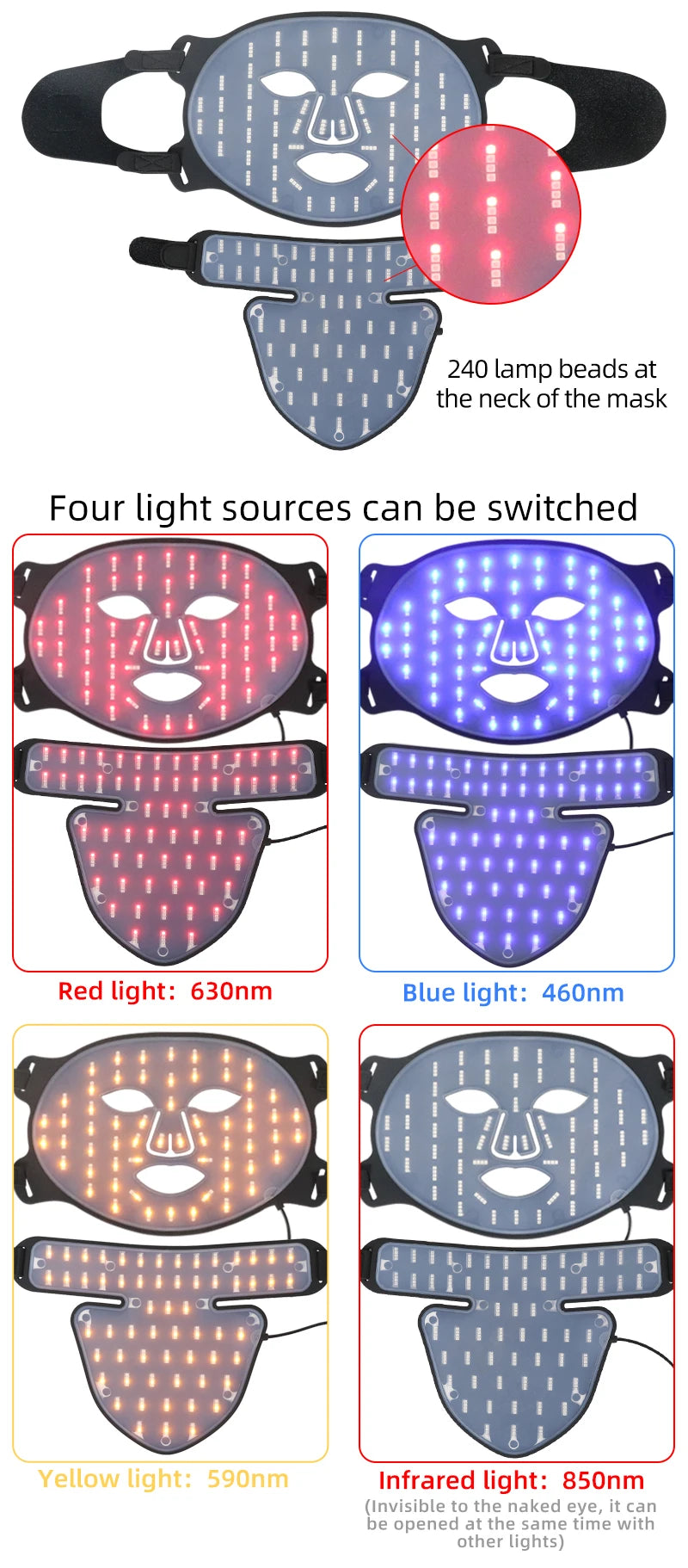 Máscara facial LED de silicona con cuello y 4 modos de luz para uso doméstico