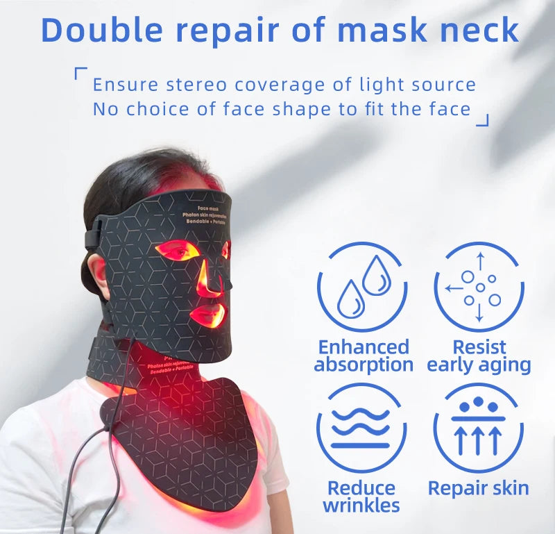 Máscara facial LED de silicona con cuello y 4 modos de luz para uso doméstico