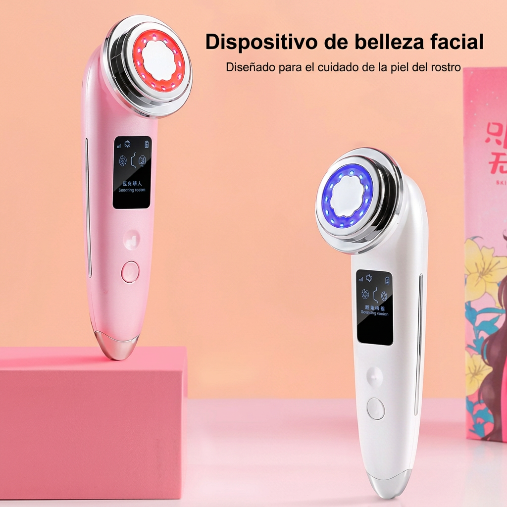 Dispositivo de belleza facial LED en rosa y blanco con presentación en español