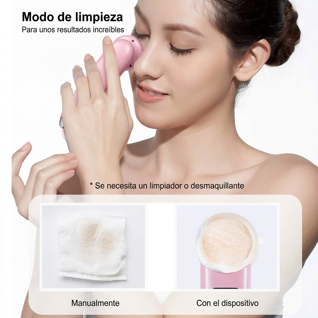 Modo de limpieza del dispositivo facial con instrucciones en español