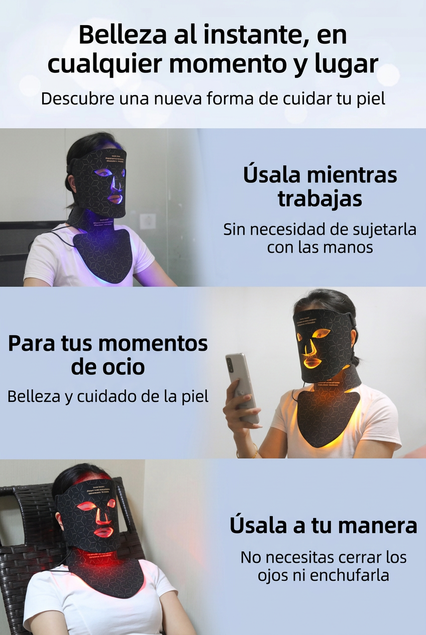Máscara facial LED de silicona con cuello y 4 modos de luz para uso doméstico