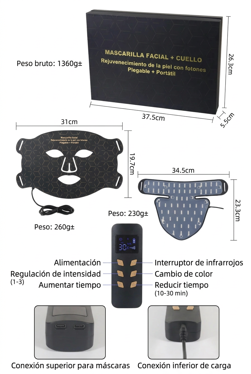 Máscara facial LED de silicona con cuello y 4 modos de luz para uso doméstico