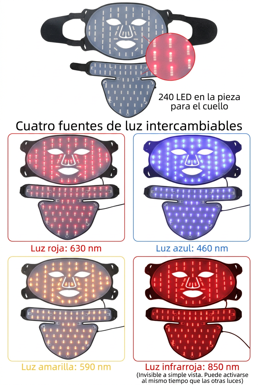 Máscara facial LED de silicona con cuello y 4 modos de luz para uso doméstico