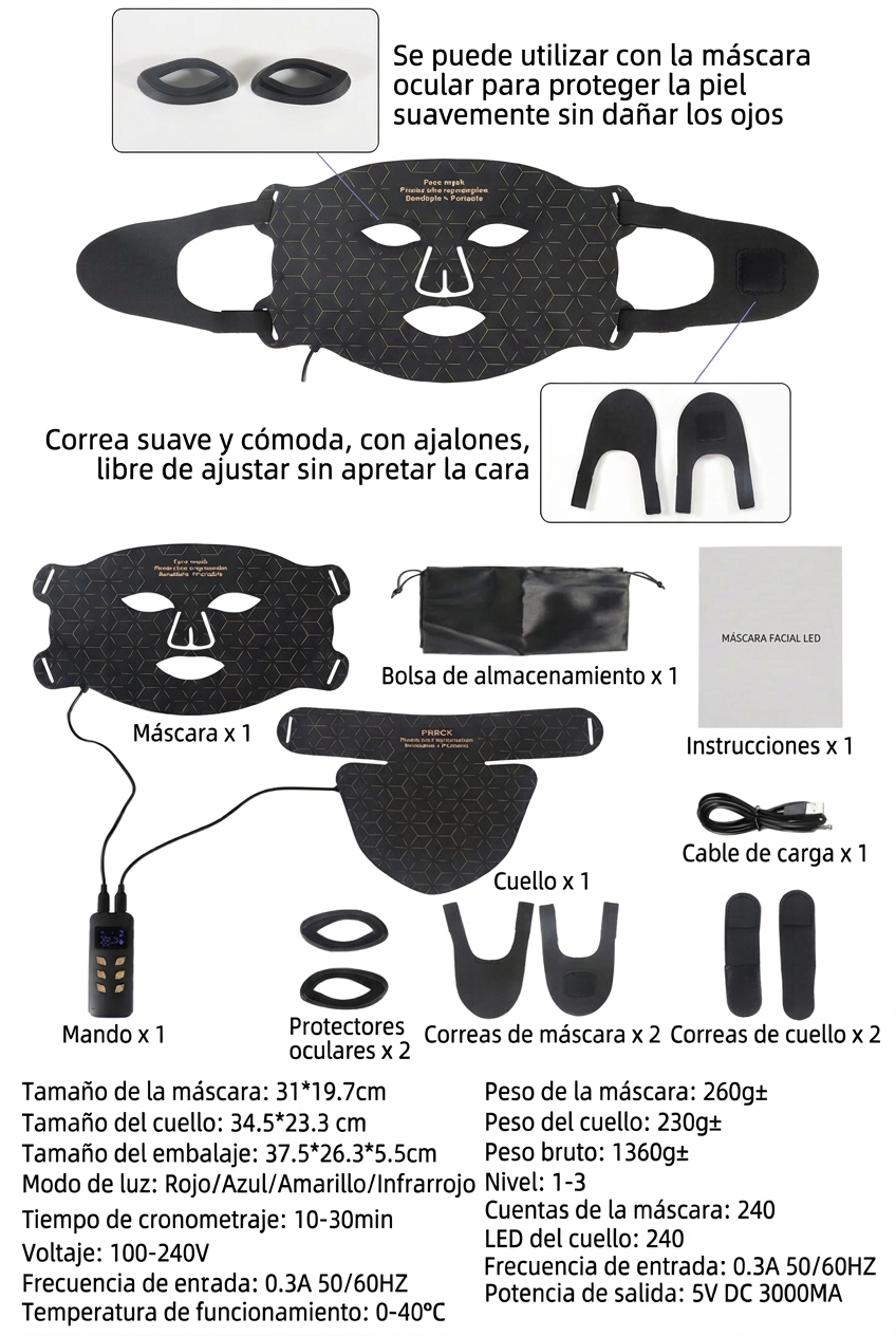 Máscara facial LED de silicona con cuello y 4 modos de luz para uso doméstico