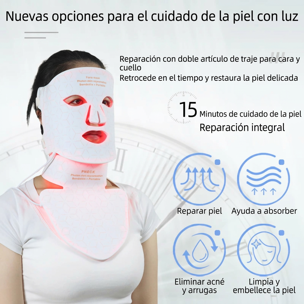 Máscara facial LED de silicona con cuello y 4 modos de luz para uso doméstico