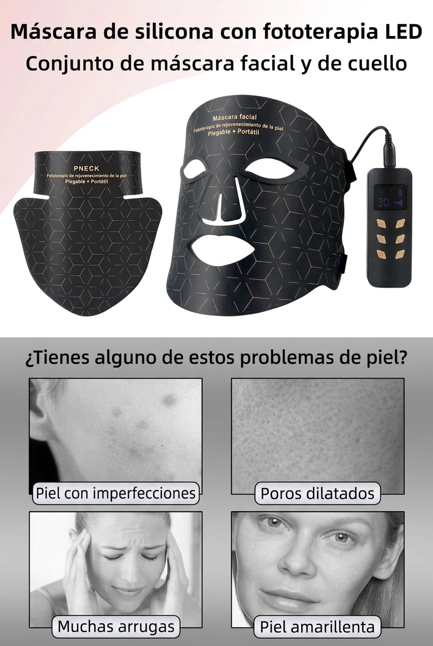 Máscara facial LED de silicona con cuello y 4 modos de luz para uso doméstico