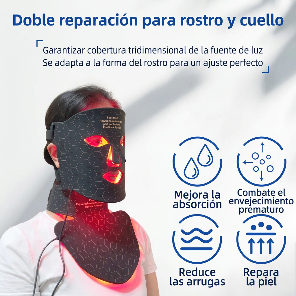 Máscara facial LED de silicona con cuello y 4 modos de luz para uso doméstico