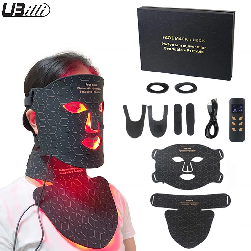 Máscara facial LED de silicona con cuello y 4 modos de luz para uso doméstico
