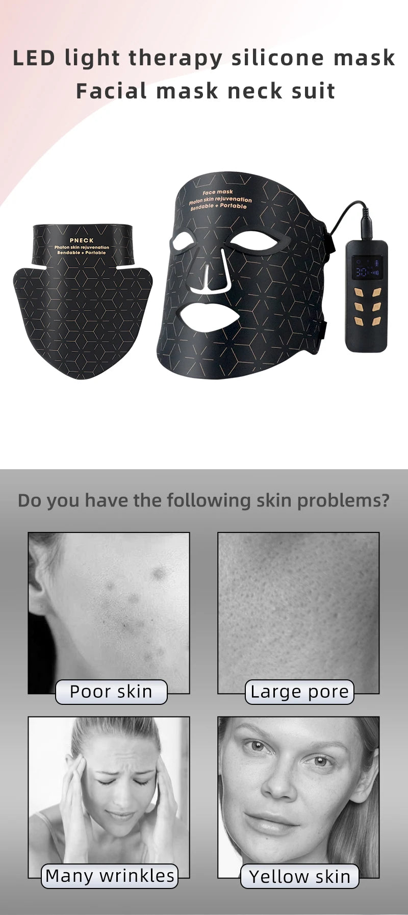 Máscara facial LED de silicona con cuello y 4 modos de luz para uso doméstico