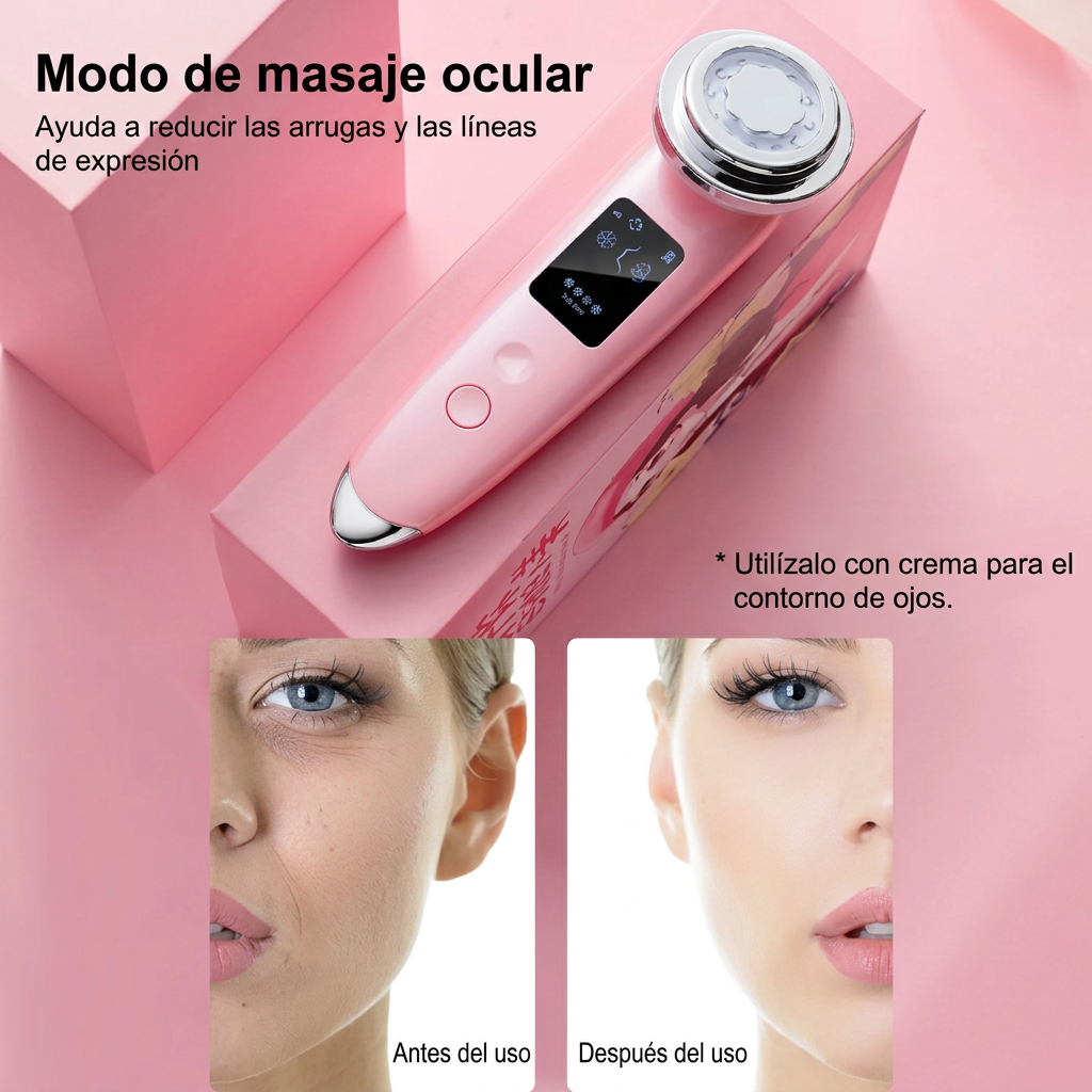 Modo de masaje del contorno de ojos con texto del proveedor traducido al español