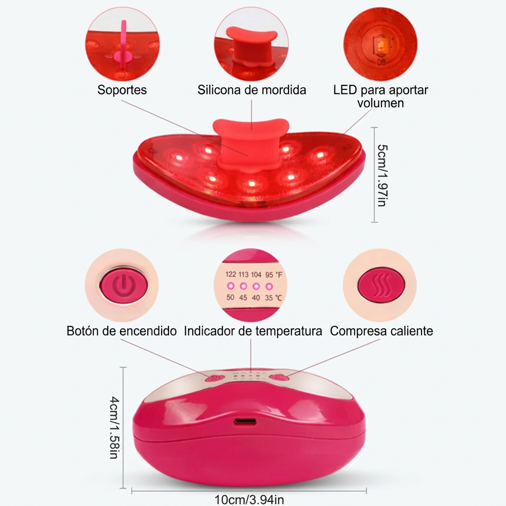 Componentes, controles y medidas del dispositivo labial con etiquetas en español