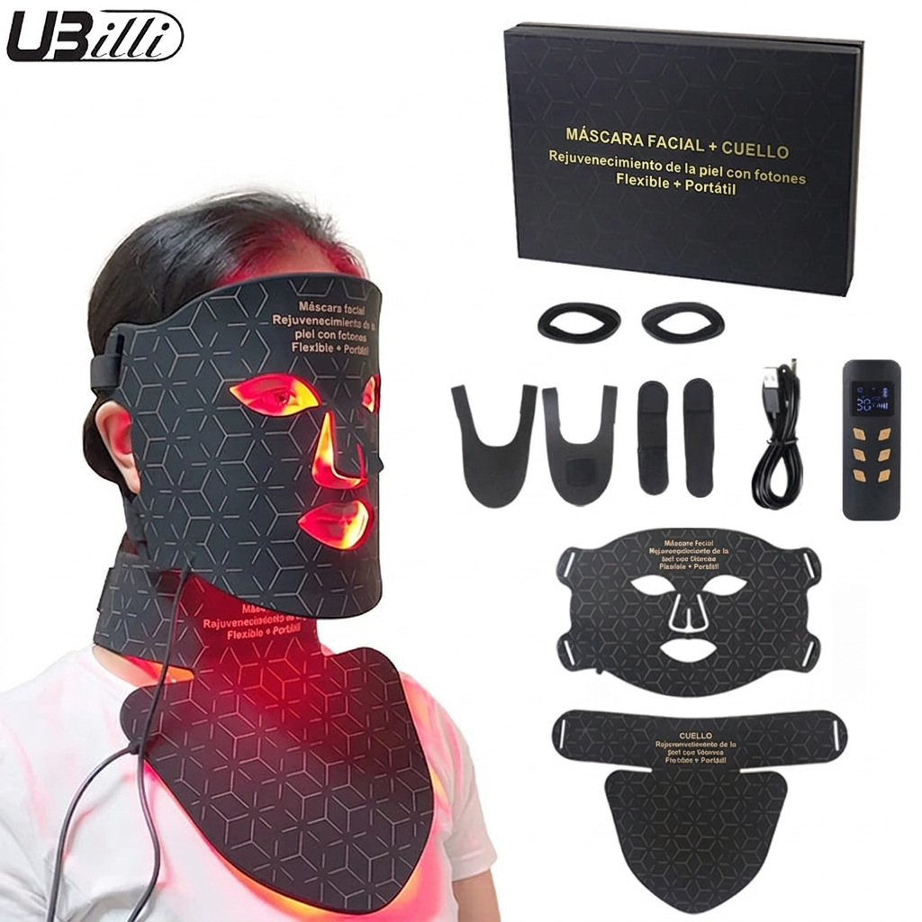 Máscara facial LED de silicona con cuello y 4 modos de luz para uso doméstico
